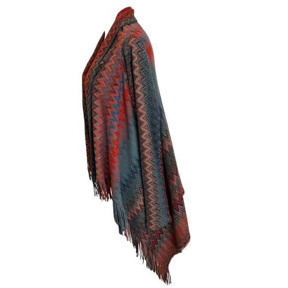 Maurices Aztec Cardigan XL Rust Blue Fringe Cascade Open Boho Sweater Duster - Picture 5 of 10